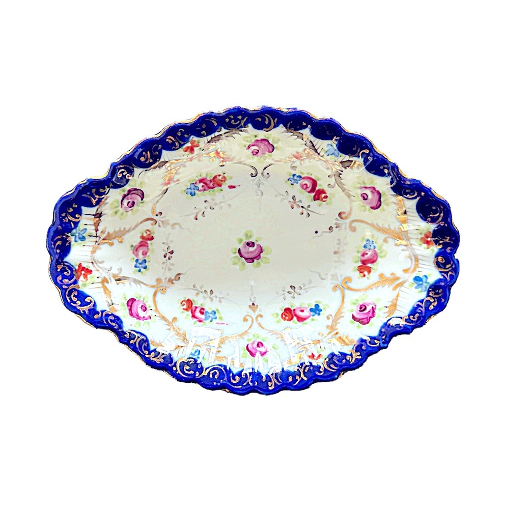 Nippon Vintage Hand Painted Japan Nut Dish Roses Cobalt Blue edge Gift Ideas Mom